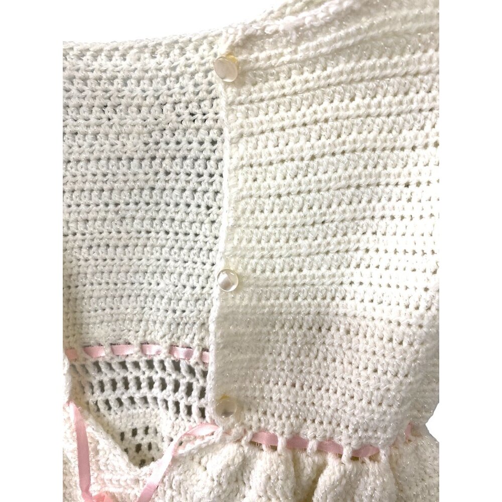 Handcrafted Crochet Baby Christening Gown With Pink Ribbon Accents - Soft Ivory - Picture 7 of 7
